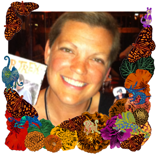 Photo of Heather DeVries Potter in a frame with marigolds, flowers, alebrijes and monarch butterflies.