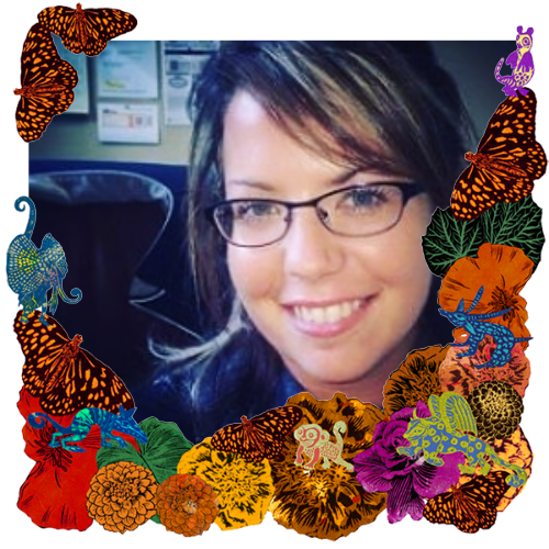 Photo of Heather Nutting in a frame with marigolds, flowers, alebrijes and monarch butterflies.