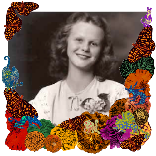 Photo of Helen in a frame with marigolds, flowers, alebrijes and monarch butterflies.