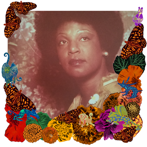 Photo of Helen Mondy in a frame with marigolds, flowers, alebrijes and monarch butterflies.