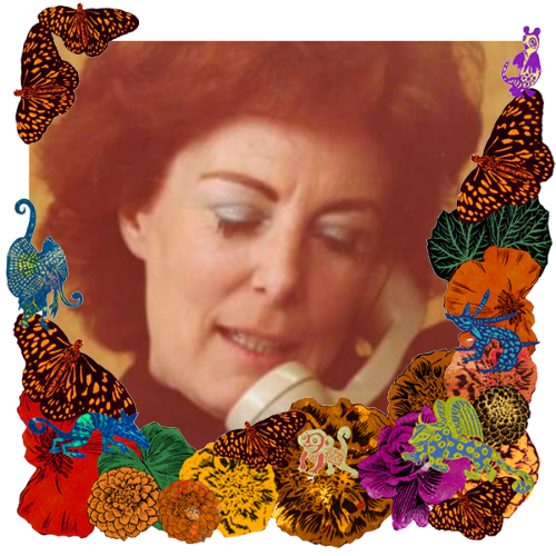 Photo of Helene in a frame with marigolds, flowers, alebrijes and monarch butterflies.