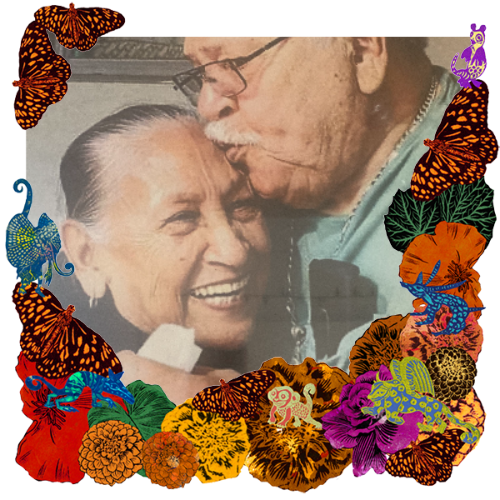 Photo of Hilario and Norma in a frame with marigolds, flowers, alebrijes and monarch butterflies.