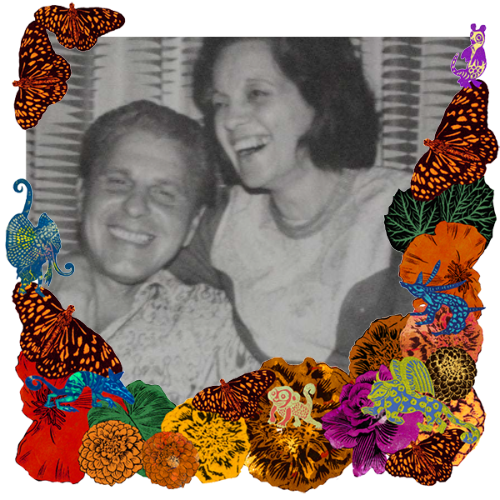 Photo of Hildo Della Maggiora y Susana Massaccesi in a frame with marigolds, flowers, alebrijes and monarch butterflies.