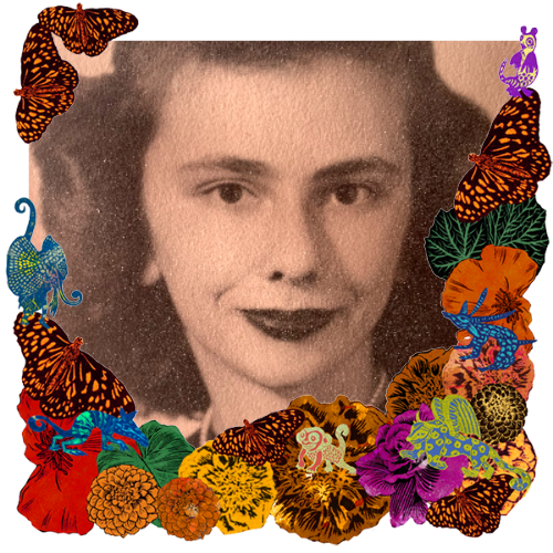 Photo of Ida A. in a frame with marigolds, flowers, alebrijes and monarch butterflies.