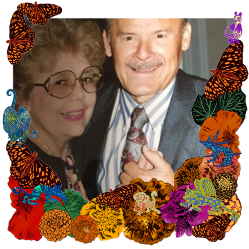 Photo of Ignacio and Ana Maria Torres in a frame with marigolds, flowers, alebrijes and monarch butterflies.