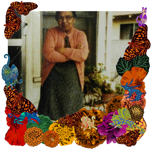Photo of Isabel Castro Tavarez in a frame with marigolds, flowers, alebrijes and monarch butterflies.