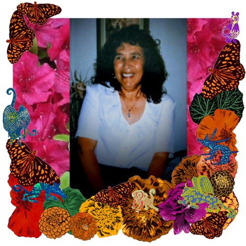 Photo of Isabel Gonzalez, Sr. in a frame with marigolds, flowers, alebrijes and monarch butterflies.