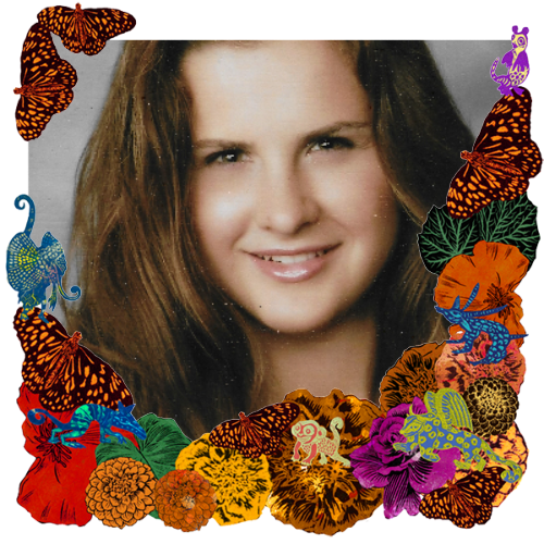 Photo of Isabella McNeely in a frame with marigolds, flowers, alebrijes and monarch butterflies.