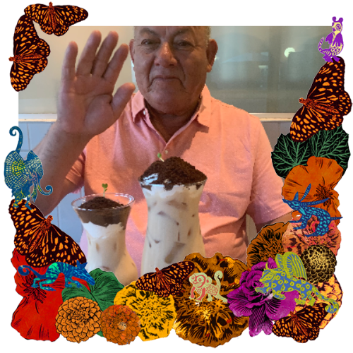 Photo of Isaias O. Navarro in a frame with marigolds, flowers, alebrijes and monarch butterflies.