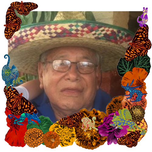 Photo of Ismael Rios, Sr. in a frame with marigolds, flowers, alebrijes and monarch butterflies.