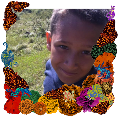 Photo of Israel in a frame with marigolds, flowers, alebrijes and monarch butterflies.
