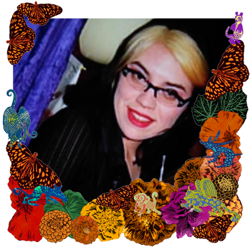 Photo of Ivette in a frame with marigolds, flowers, alebrijes and monarch butterflies.