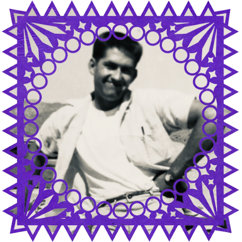 Photo of Jack Allen Rosser in a frame with papel picado.