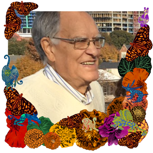 Photo of Jacques Didier in a frame with marigolds, flowers, alebrijes and monarch butterflies.