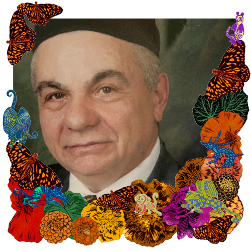 Photo of Jakob Erlichson in a frame with marigolds, flowers, alebrijes and monarch butterflies.