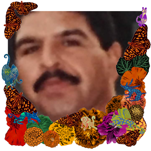 Photo of James Henry De La Rosa Jr in a frame with marigolds, flowers, alebrijes and monarch butterflies.