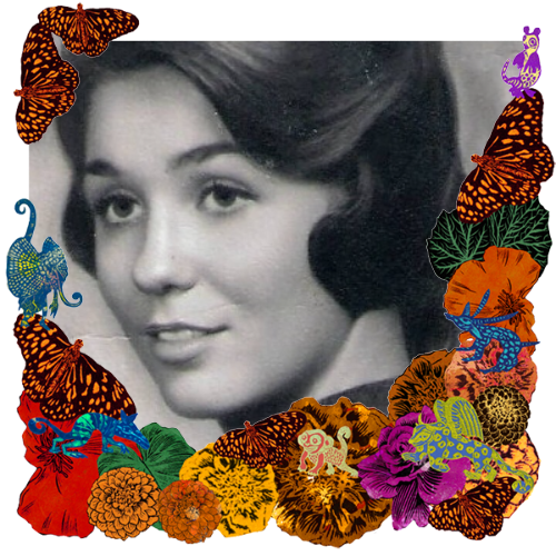 Photo of Janet Benedict-Todd in a frame with marigolds, flowers, alebrijes and monarch butterflies.