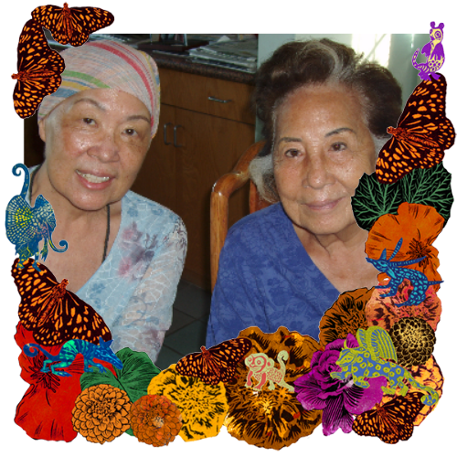 Photo of Janice Chin and Beth Woo in a frame with marigolds, flowers, alebrijes and monarch butterflies.
