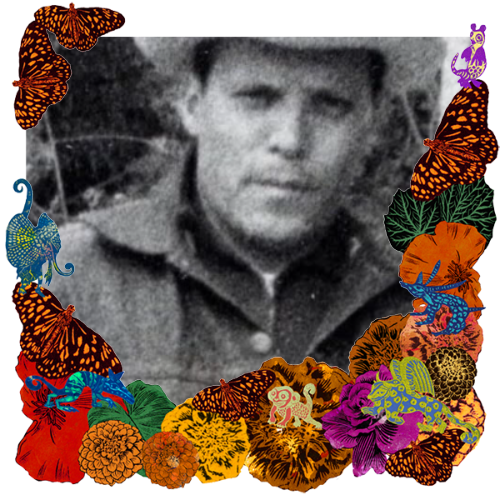 Photo of Javier Torres in a frame with marigolds, flowers, alebrijes and monarch butterflies.