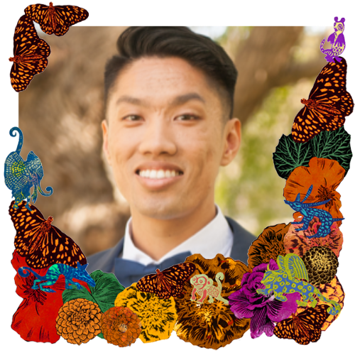 Photo of Jeffrey in a frame with marigolds, flowers, alebrijes and monarch butterflies.