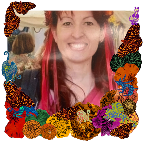 Photo of Jennifer Lenihan in a frame with marigolds, flowers, alebrijes and monarch butterflies.