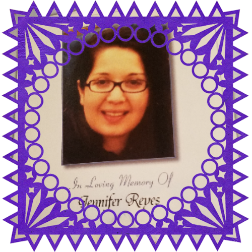 Photo of Jennifer Reyes in a frame with papel picado.