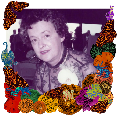 Photo of Jenny Johnson in a frame with marigolds, flowers, alebrijes and monarch butterflies.