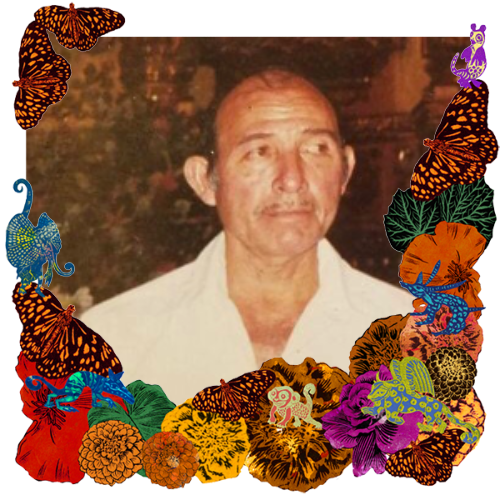 Photo of Jeromino Altamirno in a frame with marigolds, flowers, alebrijes and monarch butterflies.