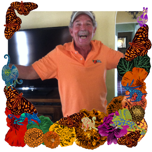 Photo of Jerry ("Doc", "Jer") Newfield in a frame with marigolds, flowers, alebrijes and monarch butterflies.