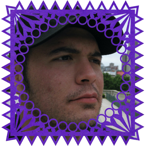 Photo of Jesse Manuel Barboza in a frame with papel picado.