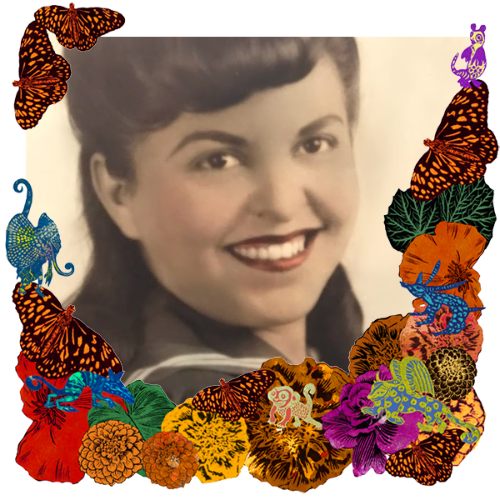 Photo of Jesse Sandoval in a frame with marigolds, flowers, alebrijes and monarch butterflies.