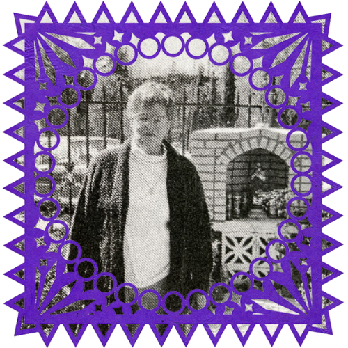 Photo of Jessie Montoya in a frame with papel picado.