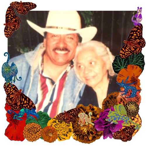 Photo of Jesus Ceja & Socorro Hernandez in a frame with marigolds, flowers, alebrijes and monarch butterflies.