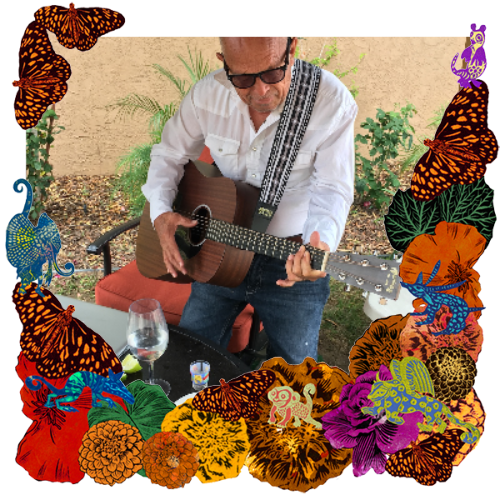 Photo of Jesus Lopez Frausto in a frame with marigolds, flowers, alebrijes and monarch butterflies.