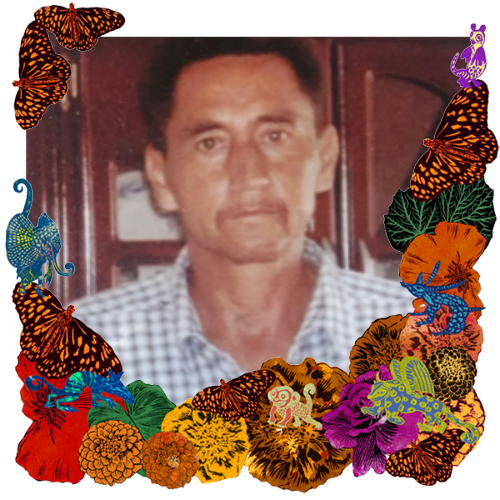 Photo of Jesus Santillan in a frame with marigolds, flowers, alebrijes and monarch butterflies.