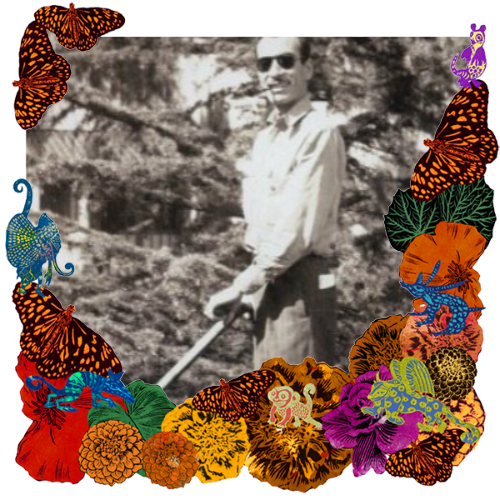 Photo of Jim Cannon in a frame with marigolds, flowers, alebrijes and monarch butterflies.
