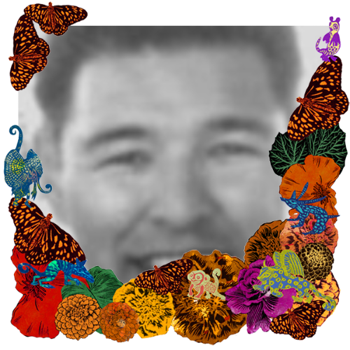 Photo of Joe Giron in a frame with marigolds, flowers, alebrijes and monarch butterflies.