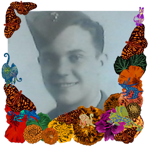 Photo of John Joseph Benedict in a frame with marigolds, flowers, alebrijes and monarch butterflies.