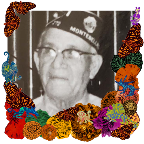 Photo of Johnny Gonzalez in a frame with marigolds, flowers, alebrijes and monarch butterflies.