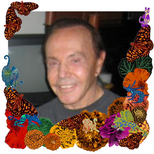 Photo of Jonathan Irving Kanes in a frame with marigolds, flowers, alebrijes and monarch butterflies.