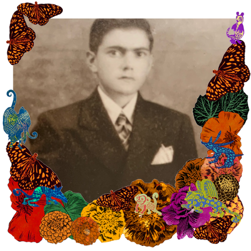 Photo of José Antonio González in a frame with marigolds, flowers, alebrijes and monarch butterflies.