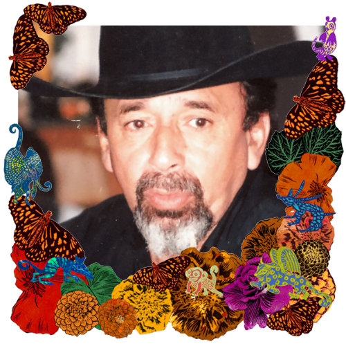 Photo of José Gerardo García Murillo in a frame with marigolds, flowers, alebrijes and monarch butterflies.
