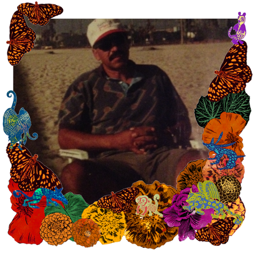 Photo of José Isabel Solis Rodarte in a frame with marigolds, flowers, alebrijes and monarch butterflies.