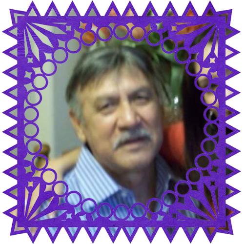 Photo of Jose Luis Dominguez in a frame with papel picado.