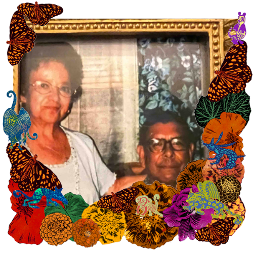 Photo of Jose and Beatriz Hernandez in a frame with marigolds, flowers, alebrijes and monarch butterflies.