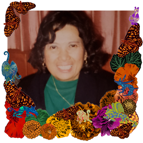 Photo of Josefina Ylagan Eliseo in a frame with marigolds, flowers, alebrijes and monarch butterflies.