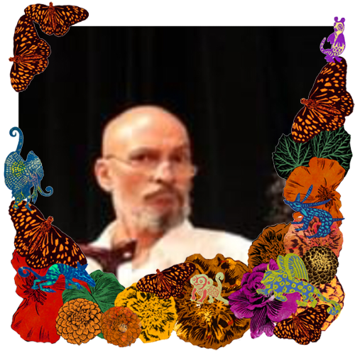 Photo of Joseph Andrew Clarke in a frame with marigolds, flowers, alebrijes and monarch butterflies.