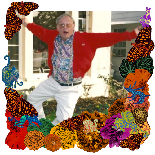 Photo of Joseph D. Ryan II ("Buddy") in a frame with marigolds, flowers, alebrijes and monarch butterflies.