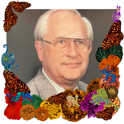 Photo of Joseph Ditte in a frame with marigolds, flowers, alebrijes and monarch butterflies.
