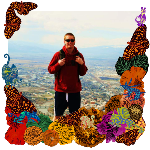 Photo of Joshua Sherry in a frame with marigolds, flowers, alebrijes and monarch butterflies.